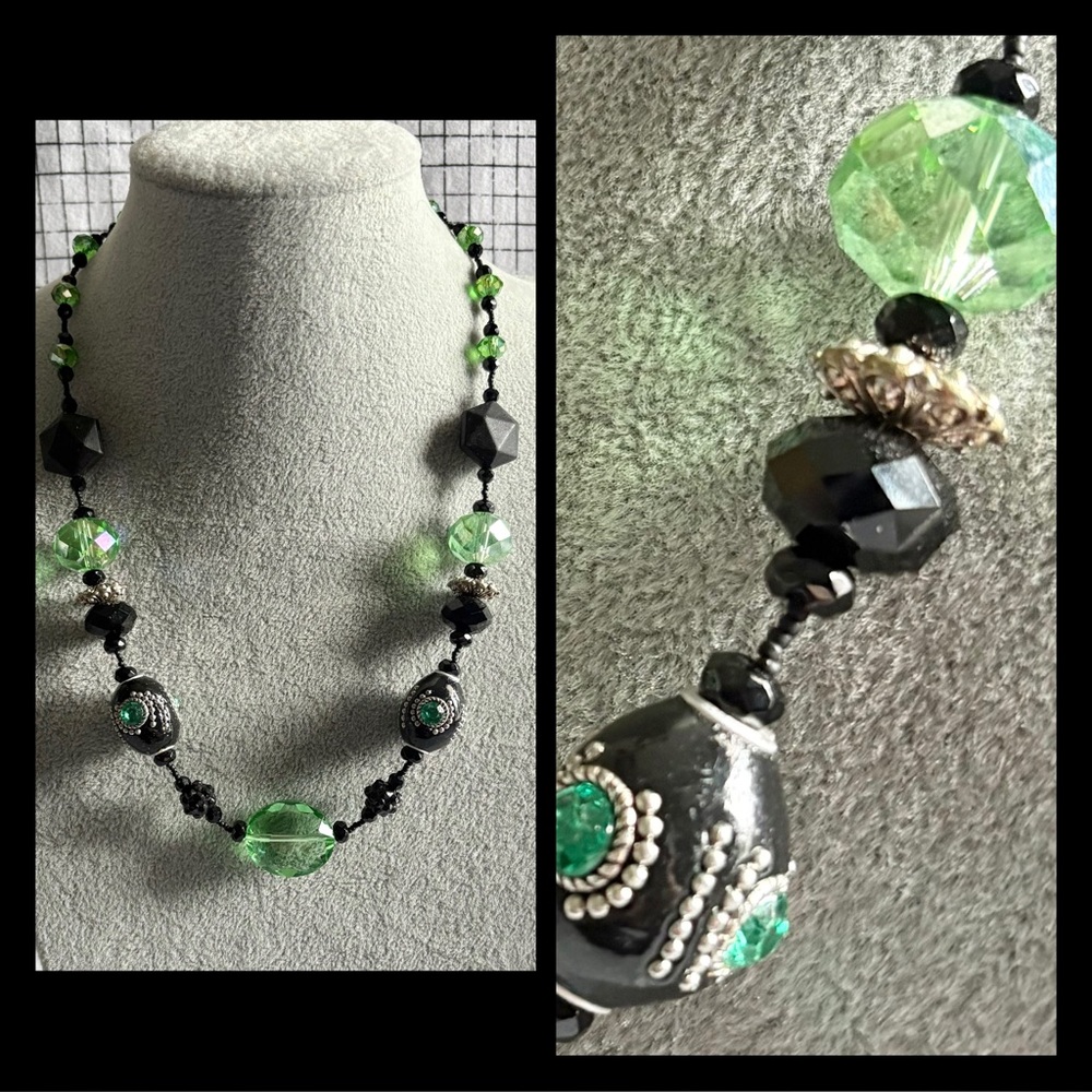 Green and Black Beads + Glass Magnetic Closure Costume Necklace